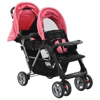 Kinderwagen dubbel staal roze en zwart 2