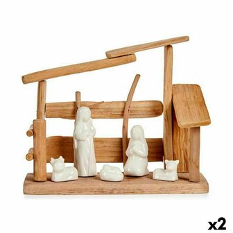Kerststal set Wit Natuurlijk Hout Keramisch 10 x 21 x 25 cm (2 Stuks) 1