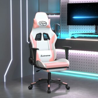 Massage gamestoel met voetensteun kunstleer wit en roze 1