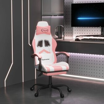 Gamestoel draaibaar met voetensteun kunstleer wit en roze 1