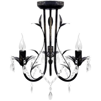 Kroonluchter art nouveau metaal kristallen kralen 3 gloeilampen zwart 1