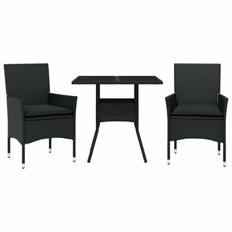 3-delige Tuinset met kussens poly rattan en glas zwart 2