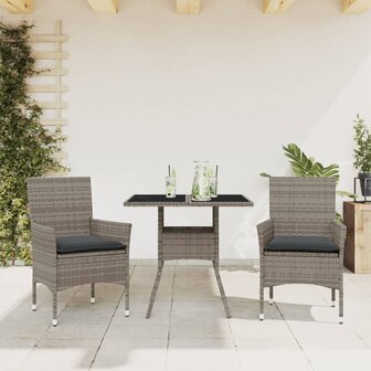 3-delige Tuinset met kussens poly rattan en glas grijs 1