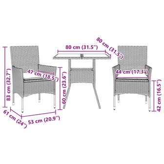 3-delige Tuinset met kussens poly rattan en glas grijs 7