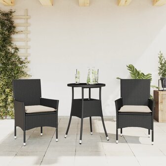 3-delige Tuinset met kussens poly rattan en glas zwart 1