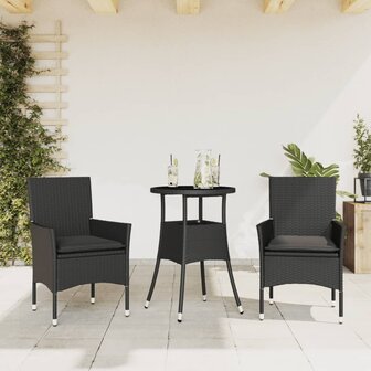 3-delige Tuinset met kussens poly rattan en glas zwart 1