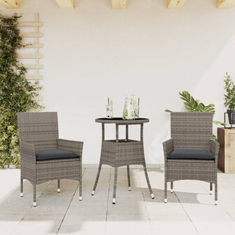 3-delige Tuinset met kussens poly rattan en glas grijs 1