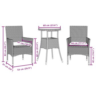 3-delige Tuinset met kussens poly rattan en glas grijs 7