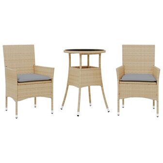 3-delige Tuinset met kussens poly rattan en glas beige 2