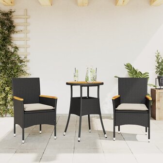 3-delige Tuinset met kussens poly rattan en acaciahout zwart 1