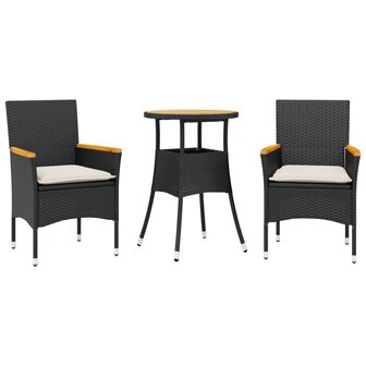 3-delige Tuinset met kussens poly rattan en acaciahout zwart 2