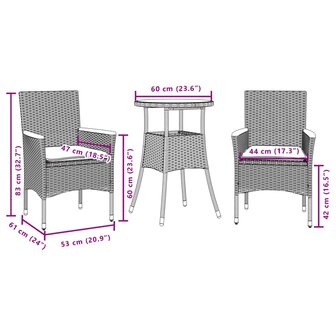 3-delige Tuinset met kussens poly rattan en acaciahout zwart 7