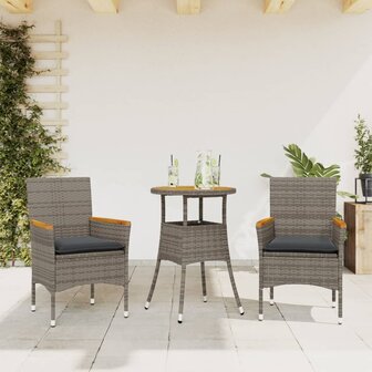 3-delige Tuinset met kussens poly rattan en acaciahout grijs 1