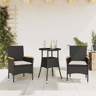 3-delige Tuinset met kussens poly rattan en glas zwart 1