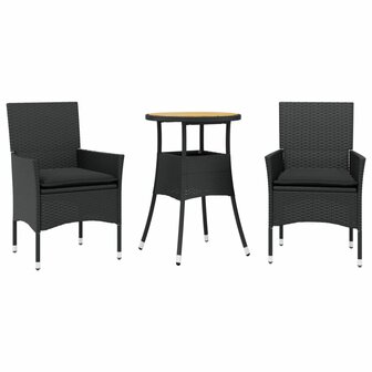 3-delige Tuinset met kussens poly rattan en acaciahout zwart 2