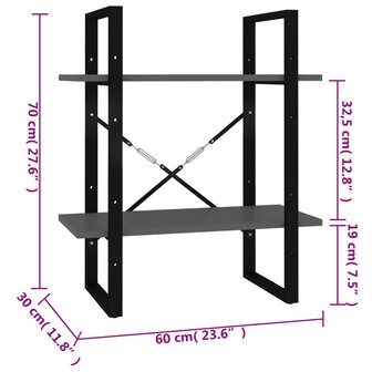 Boekenkast met 2 schappen 60x30x70 cm bewerkt hout grijs 7