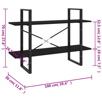 Boekenkast met 2 schappen 100x30x70 cm spaanplaat zwart 7
