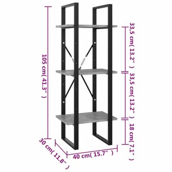 Boekenkast met 3 schappen 40x30x105 cm bewerkt hout betongrijs 7