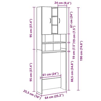 Wasmachinekast 64x25,5x190 cm grijs sonoma eikenkleurig 9