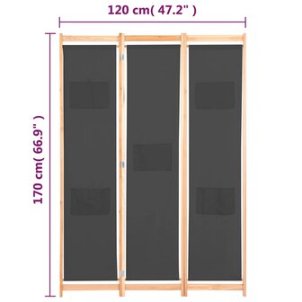Kamerscherm met 3 panelen 120x170x4 cm stof grijs 8