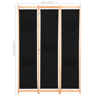 Kamerscherm met 3 panelen 120x170x4 cm stof zwart 8