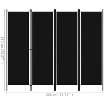 Kamerscherm met 4 panelen 200x180 cm zwart   6