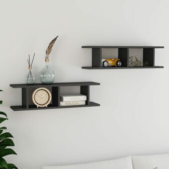 Wandschappen 2 st 75x18x20 cm bewerkt hout hoogglans grijs 1