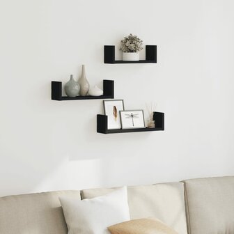 Wandschappen 3 st bewerkt hout zwart 1