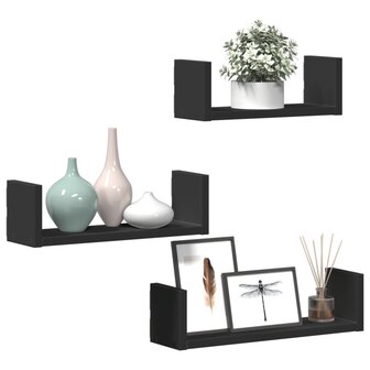 Wandschappen 3 st bewerkt hout zwart 3