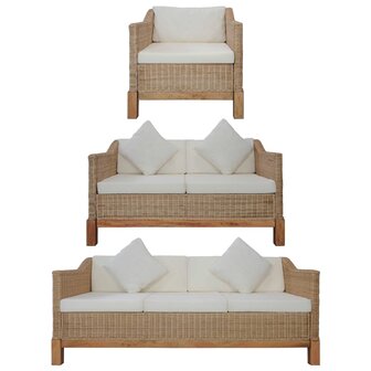 3-delig Bankstel met kussens natuurlijk rattan 1