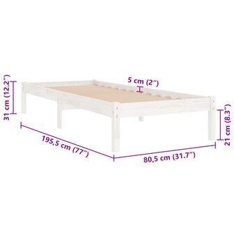 Bedframe massief hout wit 75x190 cm 8