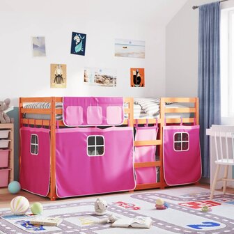 Stapelbed met gordijnen 75x190 cm grenenhout roze 1