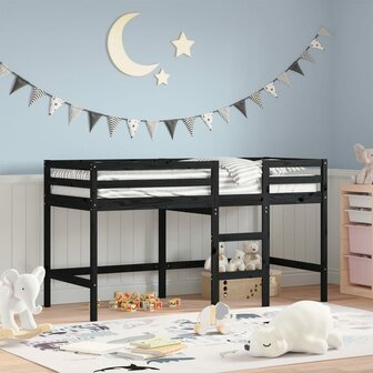 Kinderhoogslaper met ladder 90x200 cm massief grenenhout zwart 1