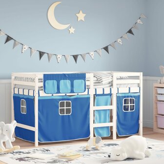 Kinderhoogslaper met gordijnen 80x200 cm grenenhout blauw 1