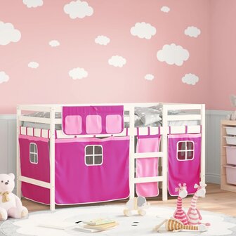 Kinderhoogslaper met gordijnen 80x200 cm grenenhout roze 1
