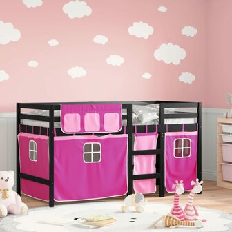 Kinderhoogslaper met gordijnen 80x200 cm grenenhout roze 1