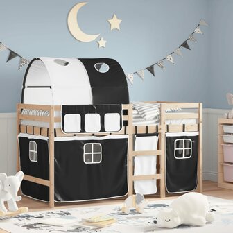 Kinderhoogslaper met tunnel 90x200 cm grenenhout wit en zwart 1