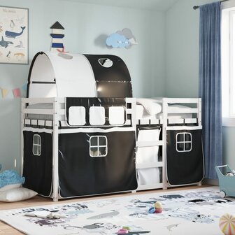 Stapelbed met gordijnen 75x190 cm grenenhout wit en zwart 1