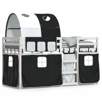 Stapelbed met gordijnen 75x190 cm grenenhout wit en zwart 2