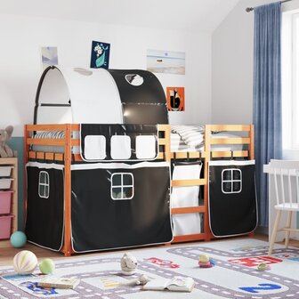 Stapelbed met gordijnen 75x190 cm grenenhout wit en zwart 1