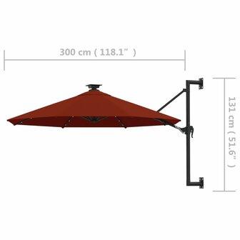 Wandparasol met LED&amp;apos;s 300 cm terracottakleurig 9