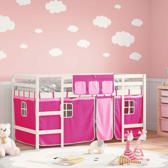 Kinderhoogslaper met gordijnen 80x200 cm grenenhout roze 1