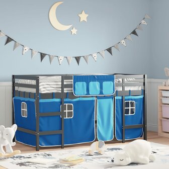 Kinderhoogslaper met gordijnen 90x200 cm grenenhout blauw 1