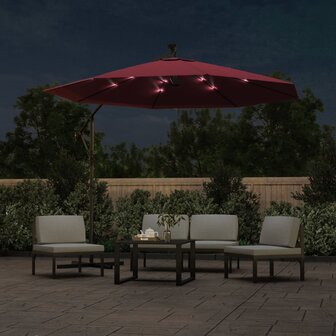 Zweefparasol met LED en stalen paal wijnrood 3