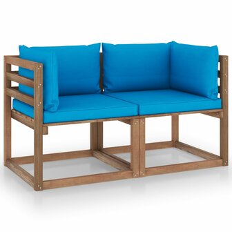 Tuinbank 2-zits pallet met lichtblauwe kussens grenenhout 1