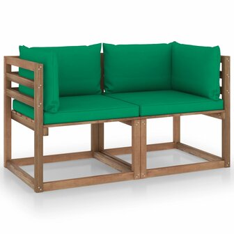 Tuinbank 2-zits pallet met groene kussens grenenhout 1