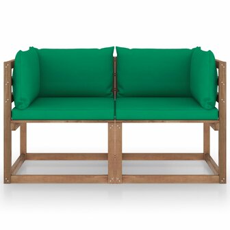 Tuinbank 2-zits pallet met groene kussens grenenhout 2