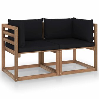 Tuinbank 2-zits pallet met zwarte kussens grenenhout 1
