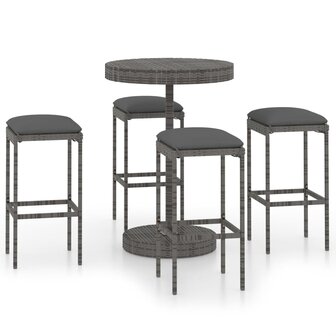 5-delige Tuinbarset met kussens poly rattan grijs 2