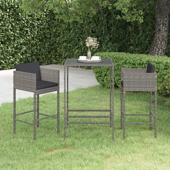 3-delige Tuinbarset met kussens poly rattan grijs 1